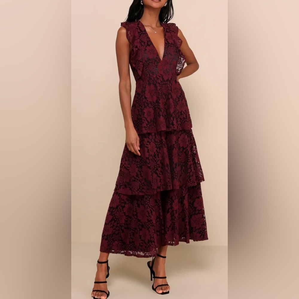 Lulus Molinetto Burgundy Lace Ruffled Tiered Sleeveless Maxi Dress